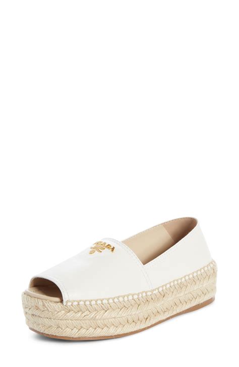 prada white leather espadrilles|Prada peep toe espadrilles.